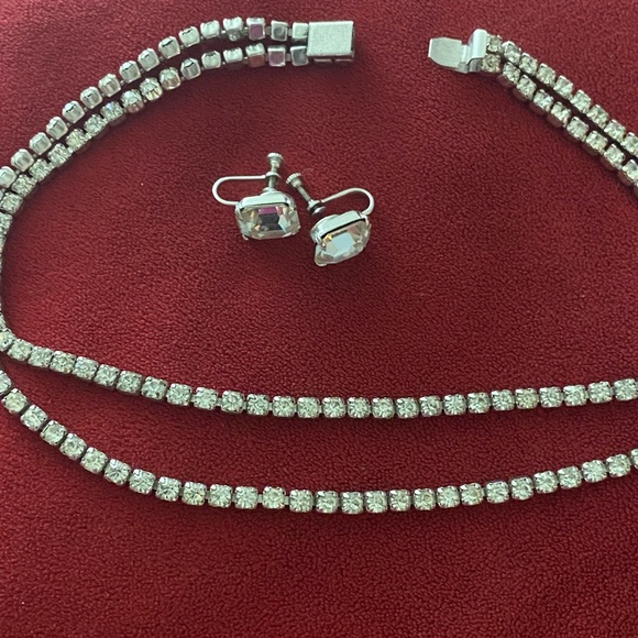 Vintage Rhinestone 2 Row Choker and Earrings - Picture 2 of 9